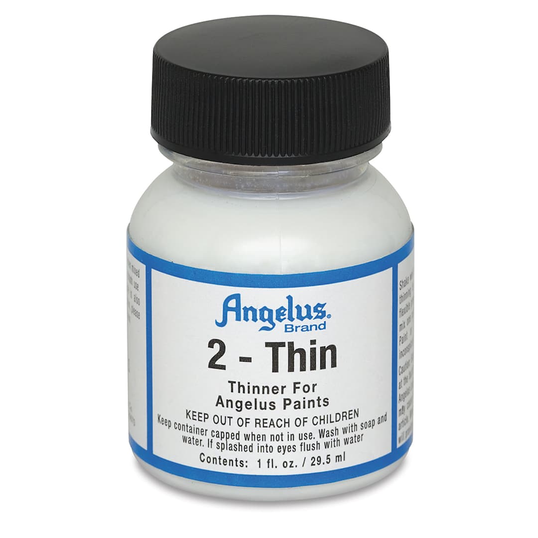 Open in modal - Angelus 2-Thin Leather Paint Thinner - Front of 1 oz bottle shown
