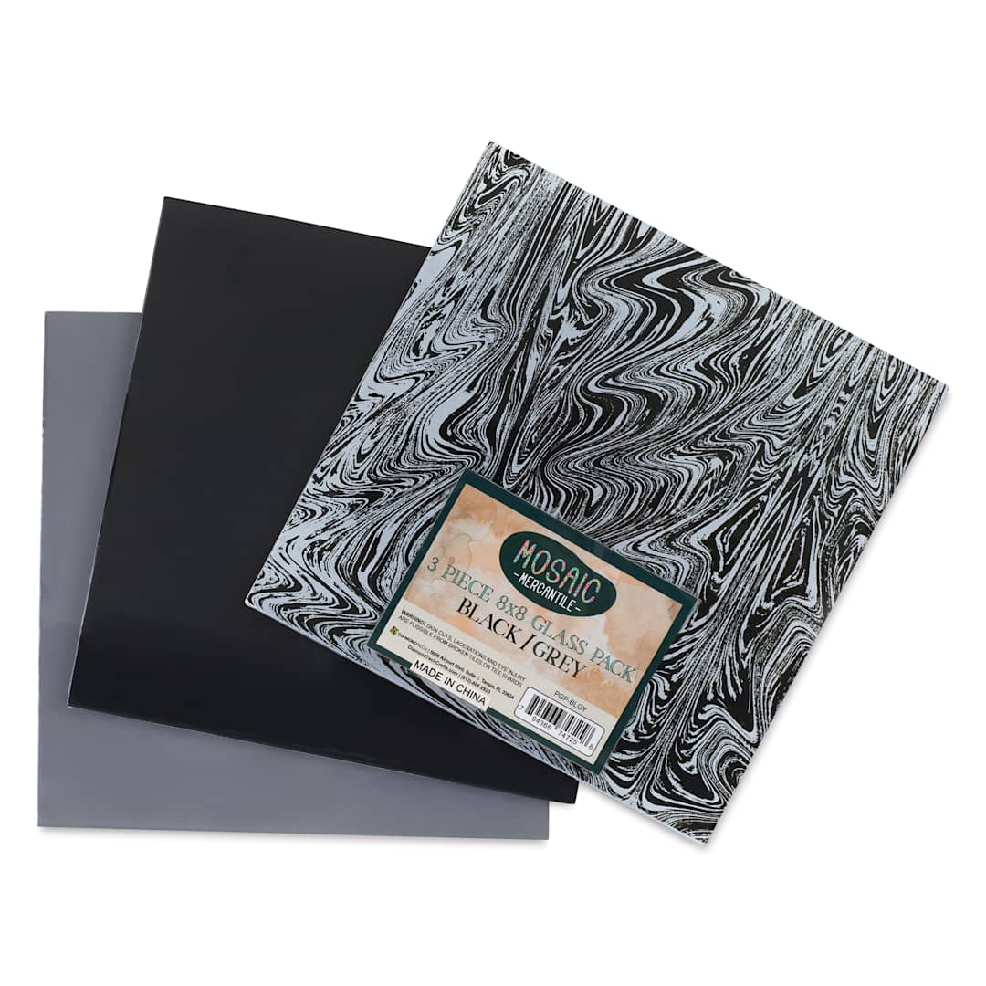 Open in modal - Mosaic Mercantile Opalescent Glass Pack - Black and Grey, 8" x 8", Pkg of 3, fanned out