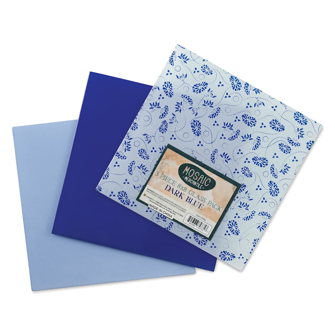 Open in modal - Mosaic Mercantile Opalescent Glass Pack - Dark Blue, 8" x 8", Pkg of 3, fanned out
