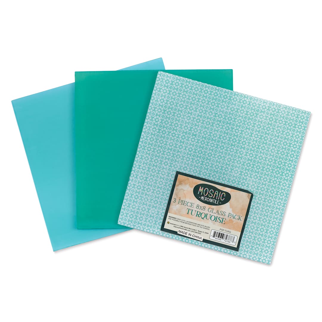 Open in modal - Mosaic Mercantile Opalescent Glass Pack - Turquoise, 8" x 8", Pkg of 3, fanned out