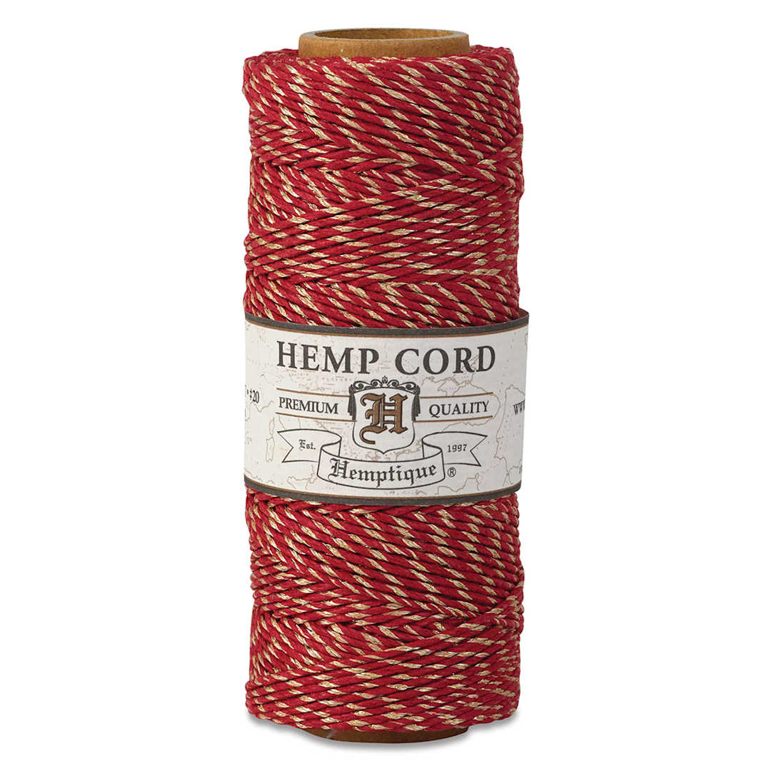 Open in modal - Hemptique Hemp Cord Spools - Front of single Red with Metallic Gold spool of Hemp cord