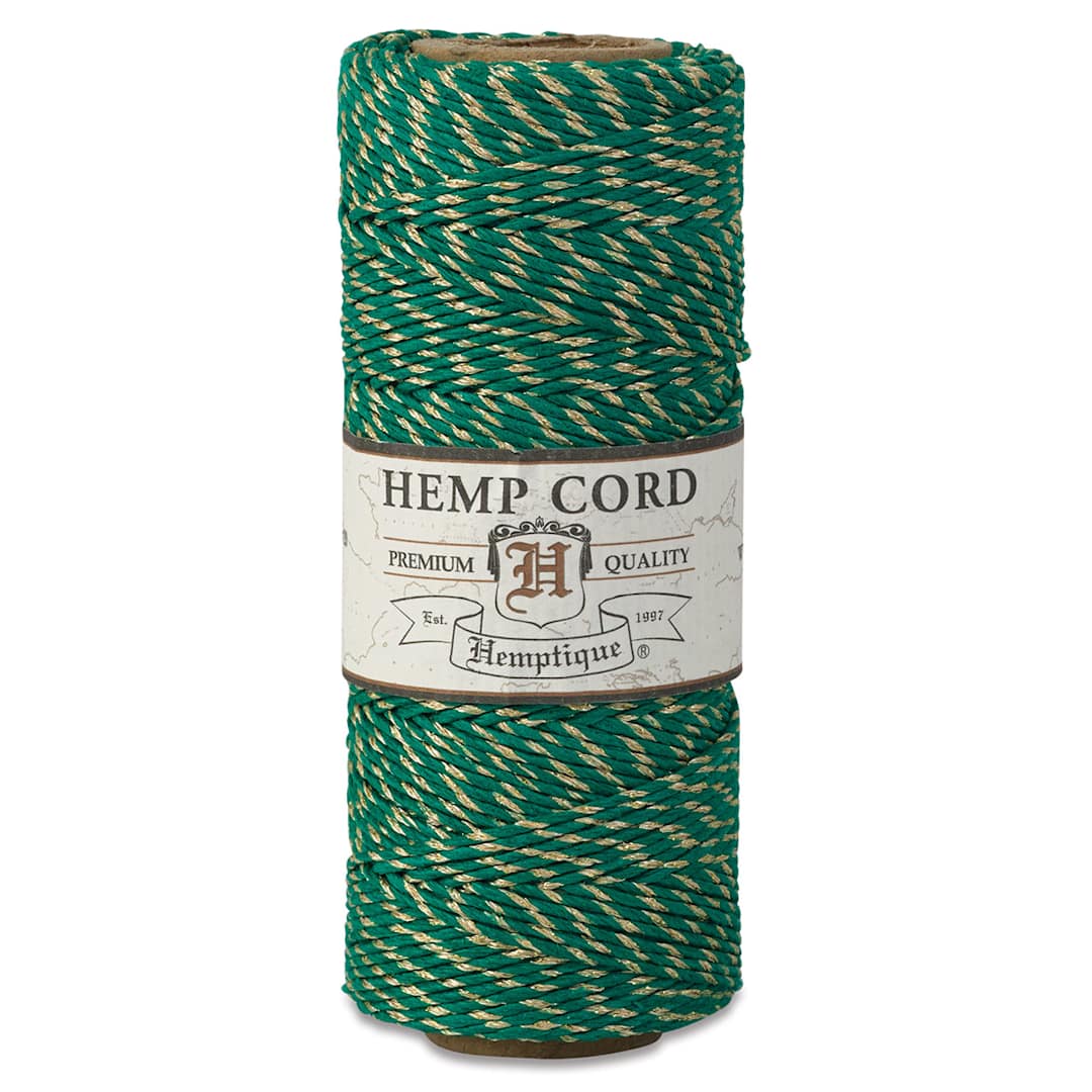 Open in modal - Hemptique Hemp Cord Spools - Front of single Green with Metallic Gold spool of Hemp cord
