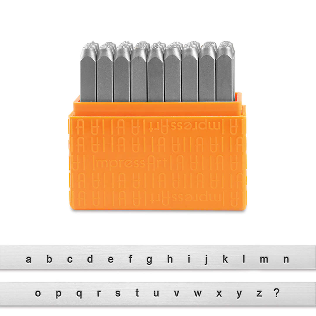 Open in modal - ImpressArt Letter and Number Stamp Sets - Front view of open Lowercase San Serif font set with type