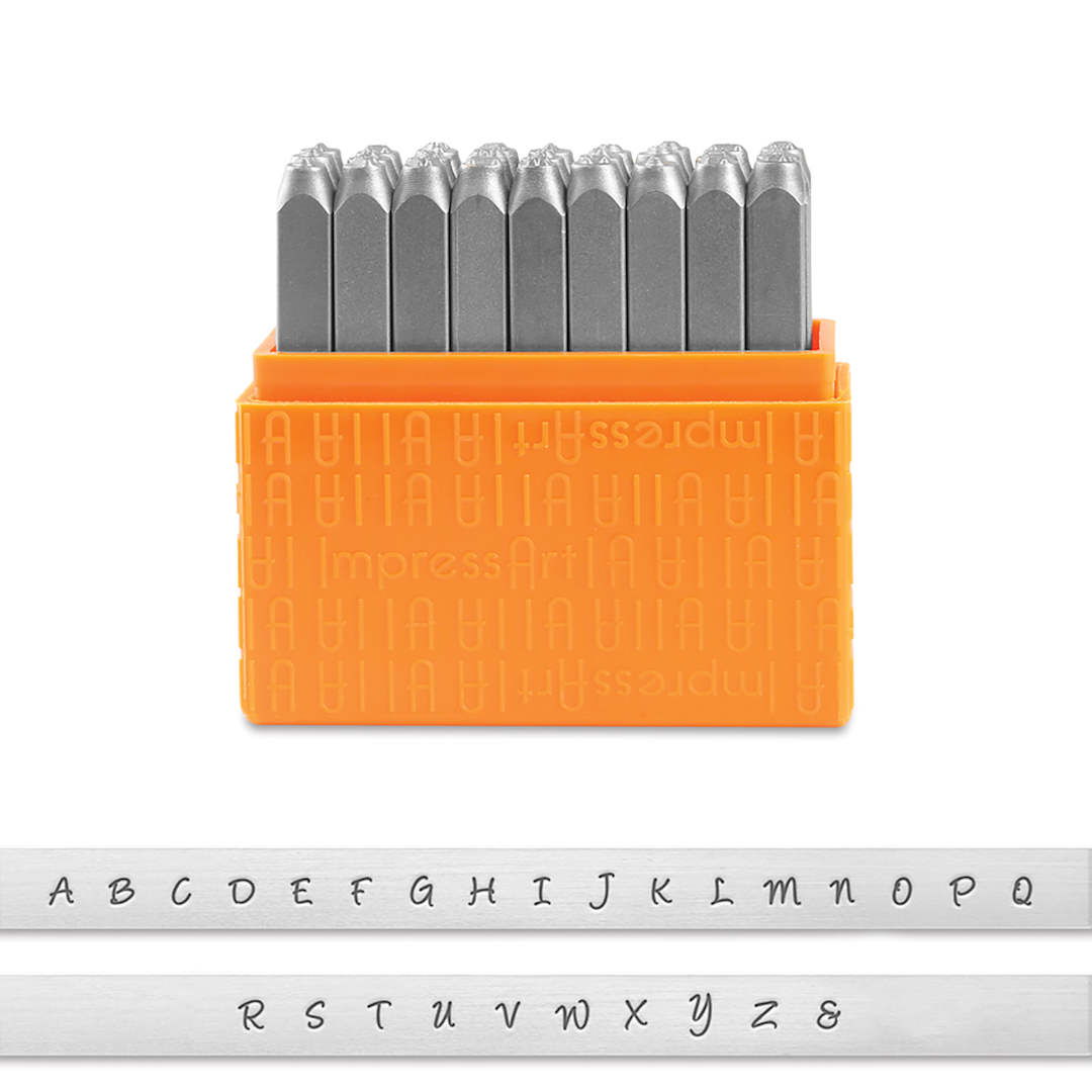 Open in modal - ImpressArt Letter and Number Stamp Sets - Front view of open Uppercase Bridgett font set with type