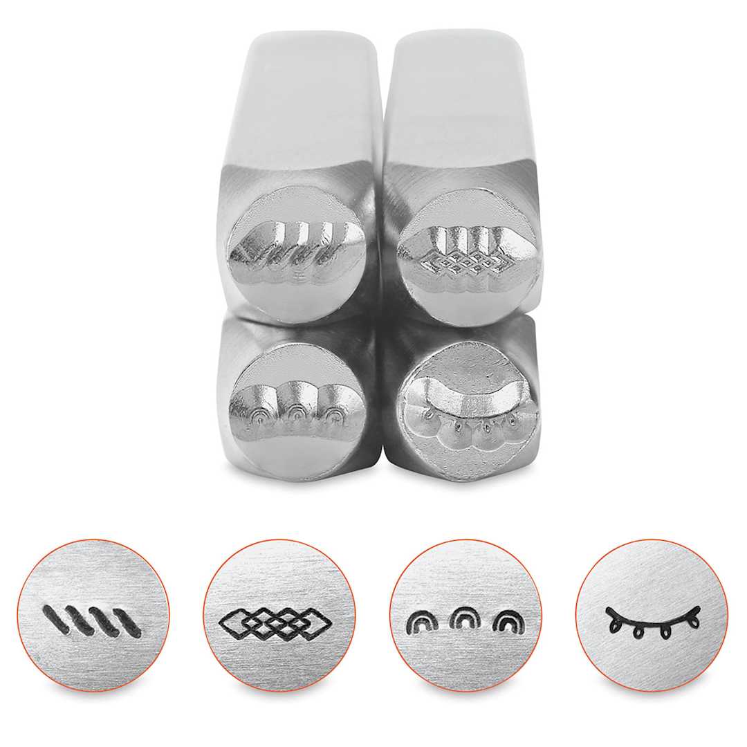 Open in modal - ImpressArt Design Stamps - Front view of 4 pc Ornamental Border Set 1 with examples of impressions