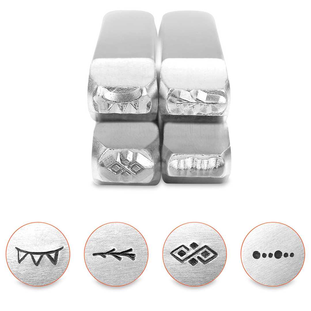 Open in modal - ImpressArt Design Stamps - Front view of 4 pc Ornamental Border Set 2 with examples of impressions