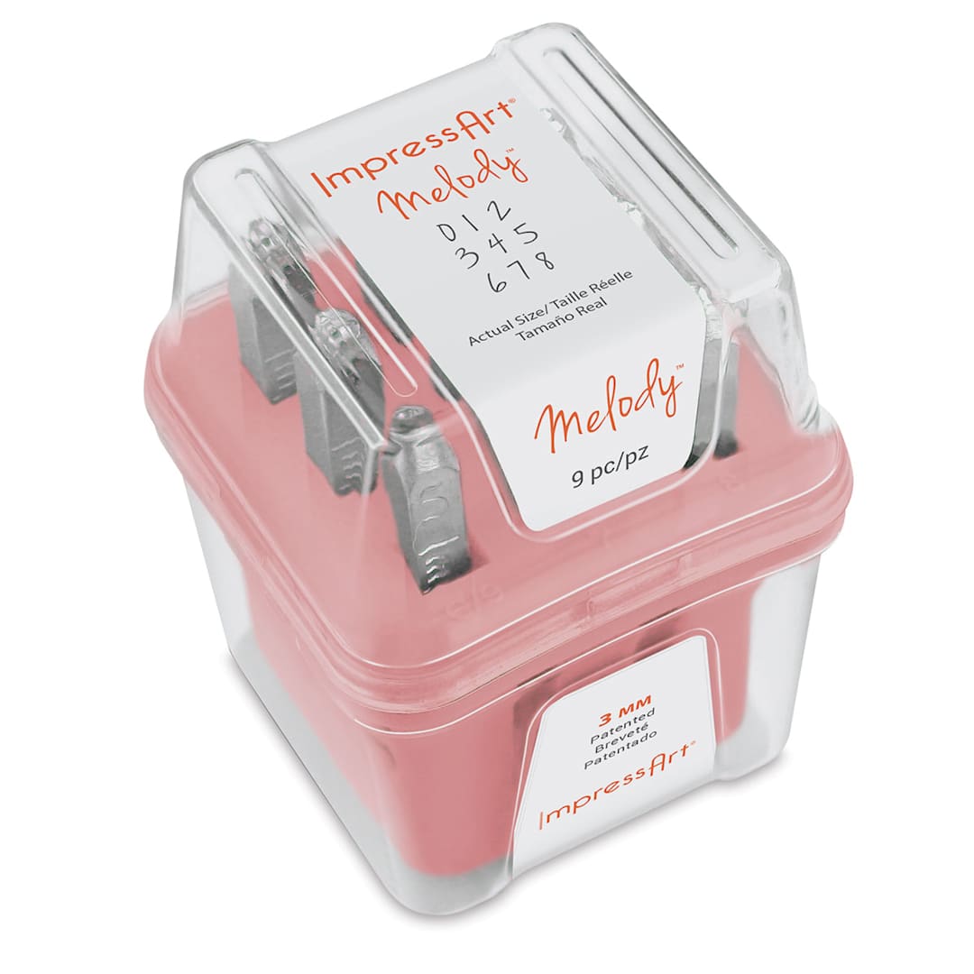 Open in modal - ImpressArt Letter and Number Stamp Sets - Angled view of 9 pc Number Melody font set 