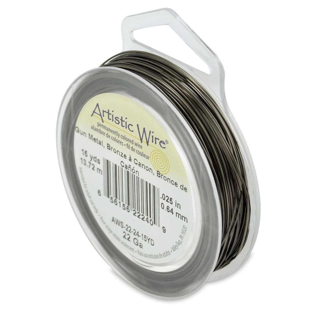 Open in modal - Beadalon Artistic Wire Colored Copper Craft Wire - Angled view of Antique Brass color on spool with label