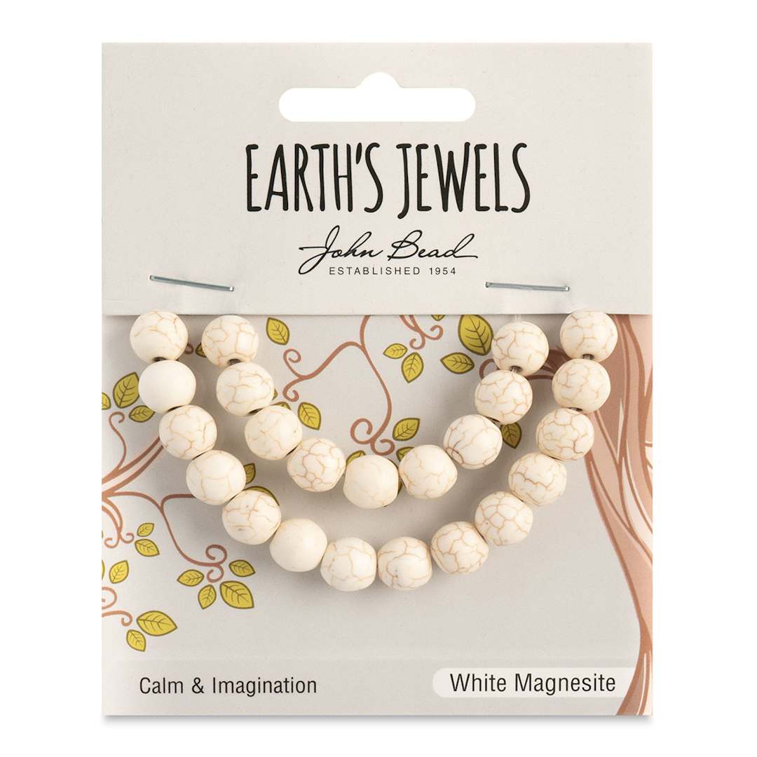 Open in modal - John Bead Earth’s Jewels White Magnesite Beads - Round, Pkg of 23, 8 mm Dia. - front of packaging