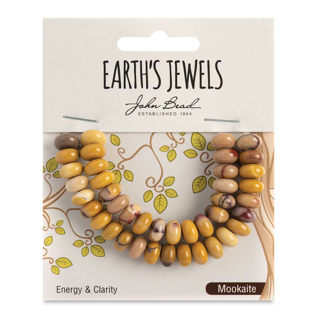 Open in modal - John Bead Earth’s Jewels Mookaite Beads - Donut Rondelle, Pkg of 41, 5 mm x 8 mm - front of packaging