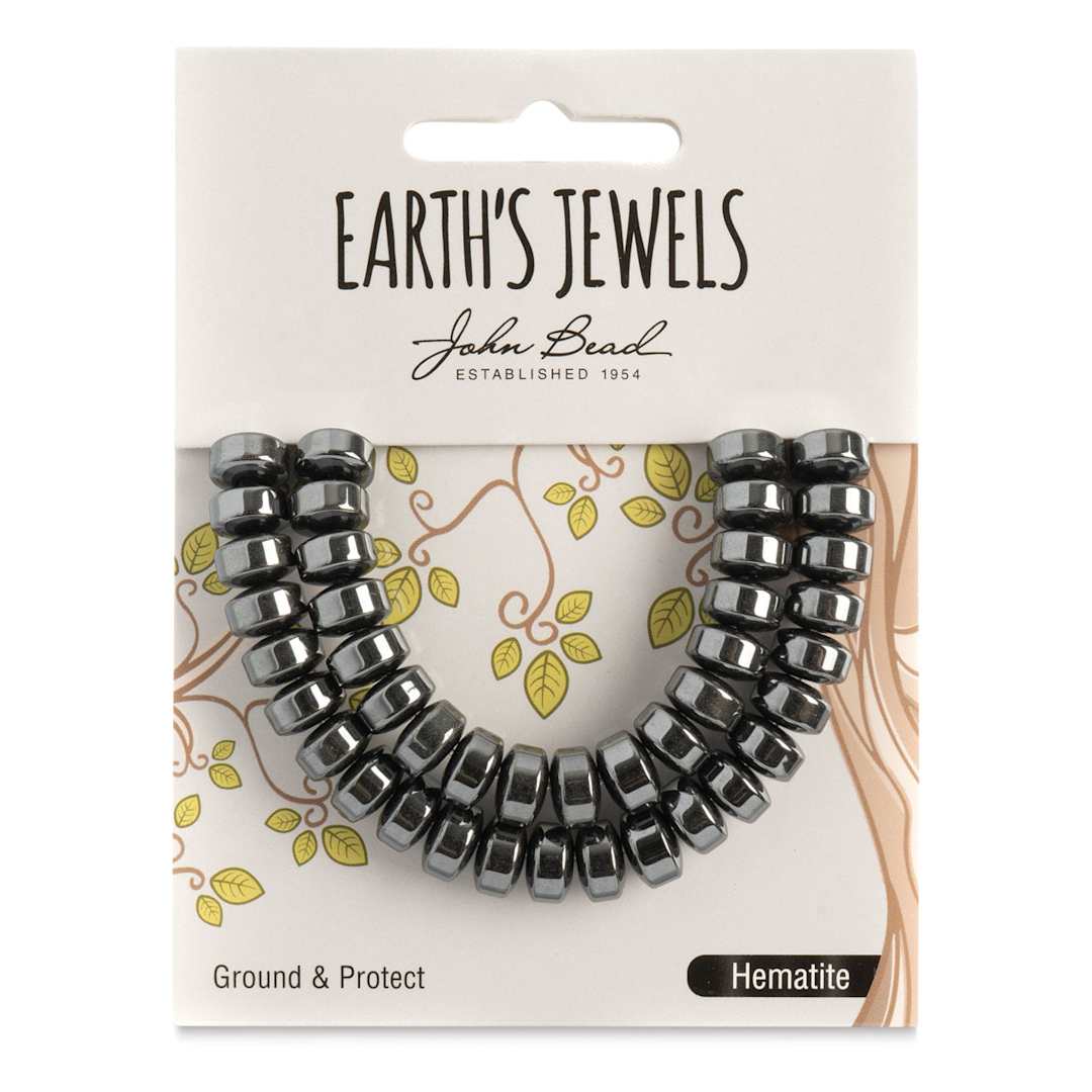 Open in modal - John Bead Earth’s Jewels Hematite Beads - Donut Rondelle, Pkg of 41, 5 mm x 8 mm - front of packaging