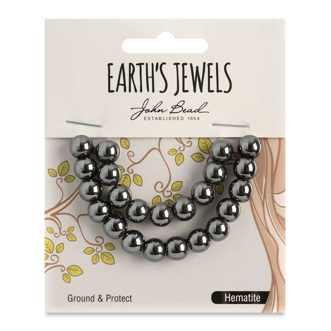 Open in modal - John Bead Earth’s Jewels Hematite Beads - Round, Pkg of 23, 8 mm Dia. - front of packaging