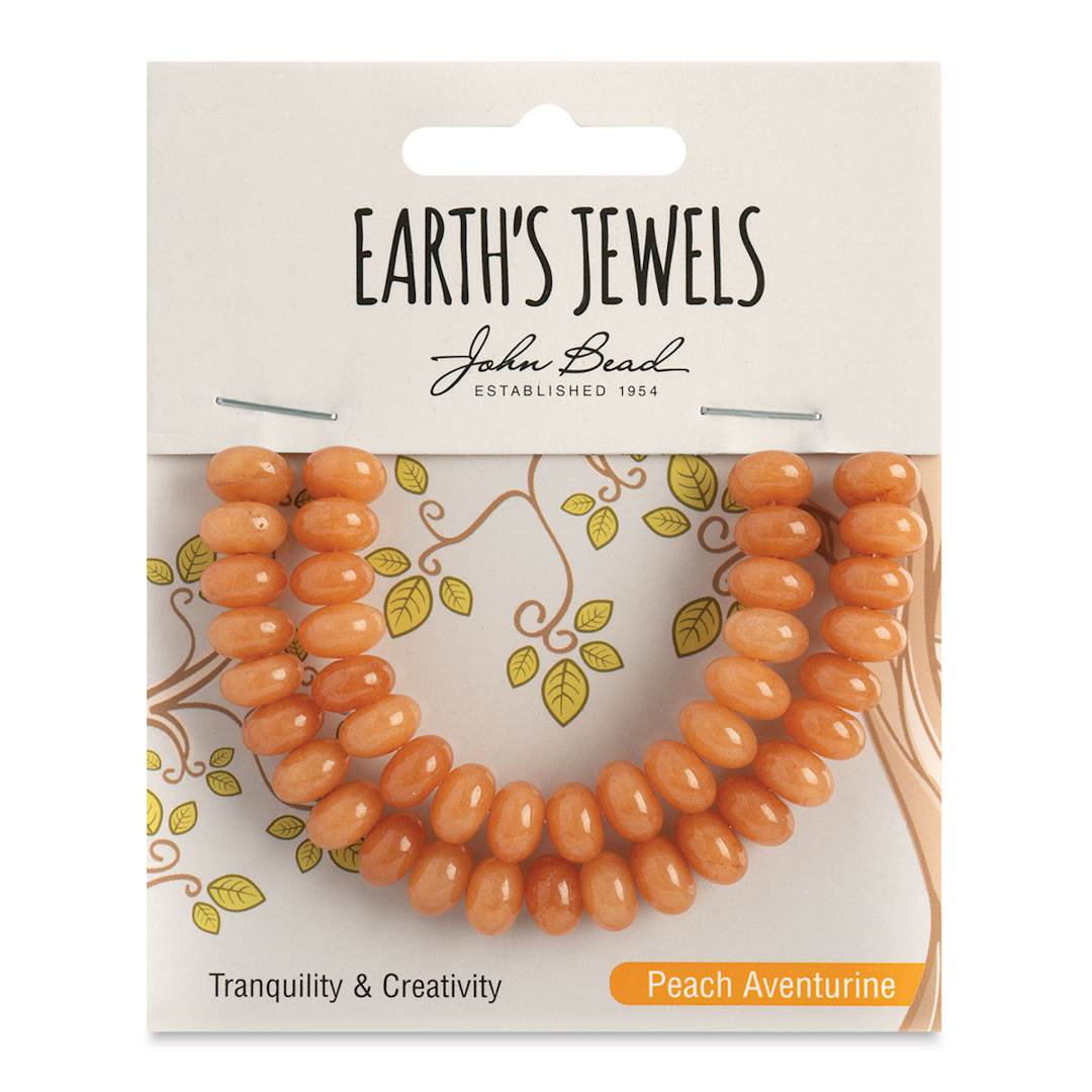 Open in modal - John Bead Earth’s Jewels Aventurine Beads - Donut Rondell, Pkg of 41, Peach, 5 mm x 8 mm - front of packaging