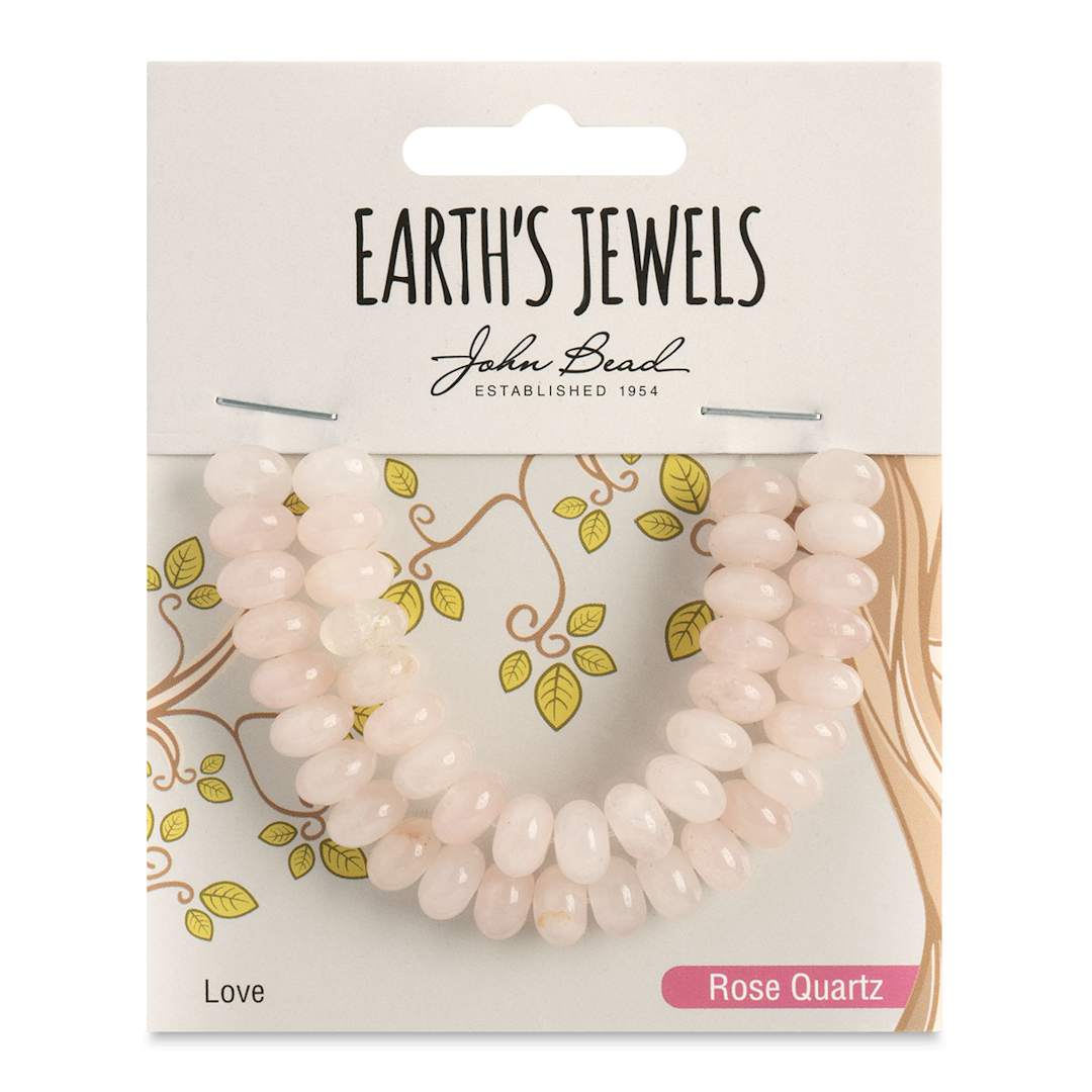 Open in modal - John Bead Earth's Jewels Quartz Beads - Rose Quartz, Donut Rondelle, 5 mm x 8 mm - front of packaging