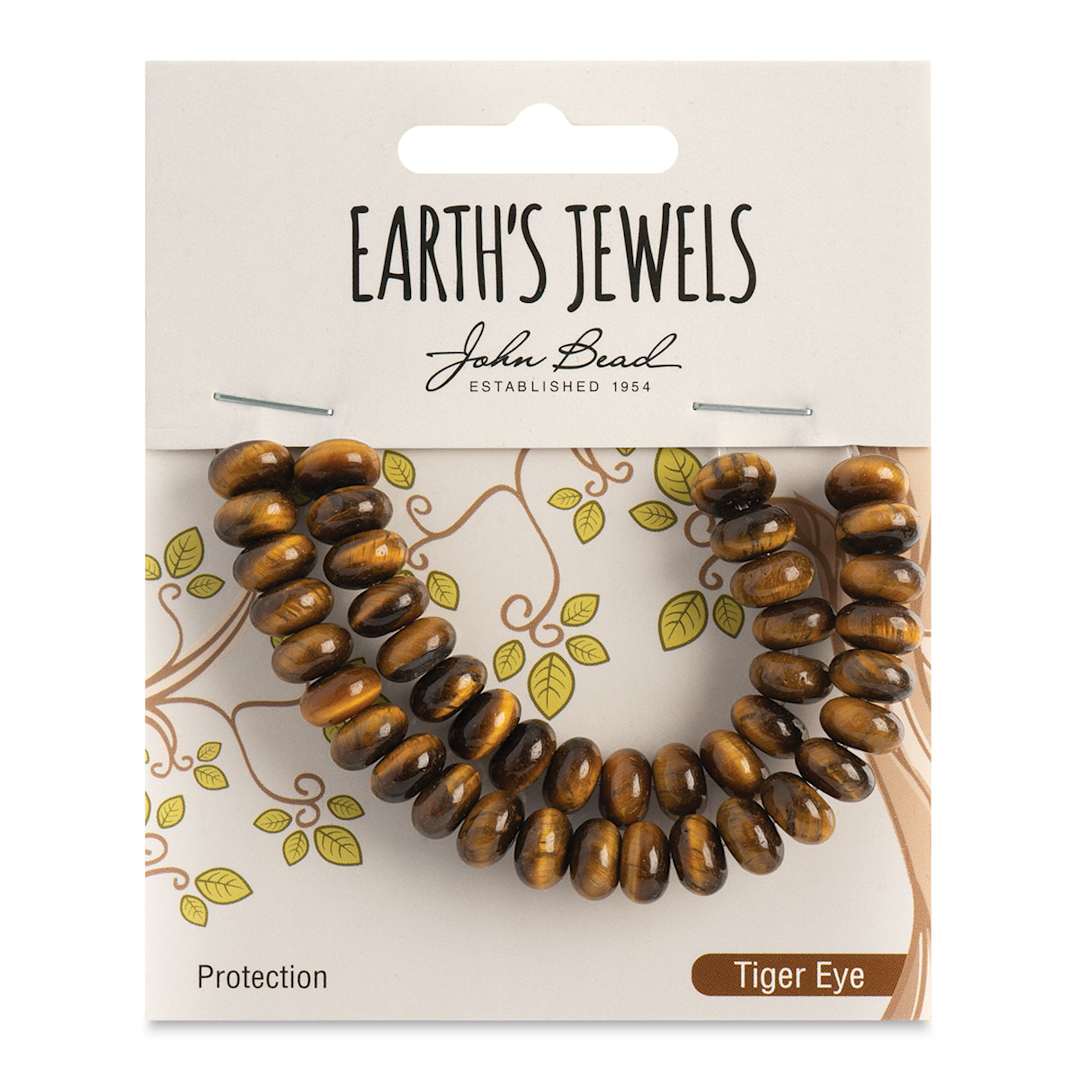 Open in modal - John Bead Earth’s Jewels Tiger's Eye Beads - Donut Rondelle, Pkg of 41, 5 mm x 8 mm - front of packaging