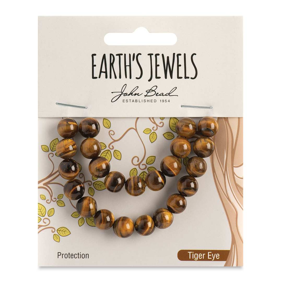 Open in modal - John Bead Earth’s Jewels Tiger's Eye Beads - Round, Pkg of 23, 8 mm Dia. - front of packaging