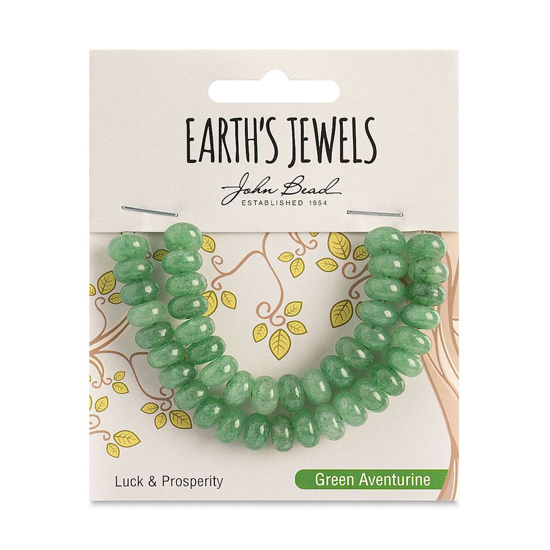 Open in modal - John Bead Earth’s Jewels Aventurine Beads - Donut Rondelle, Pkg of 41, Green, 5 mm x 8 mm - front of packaging