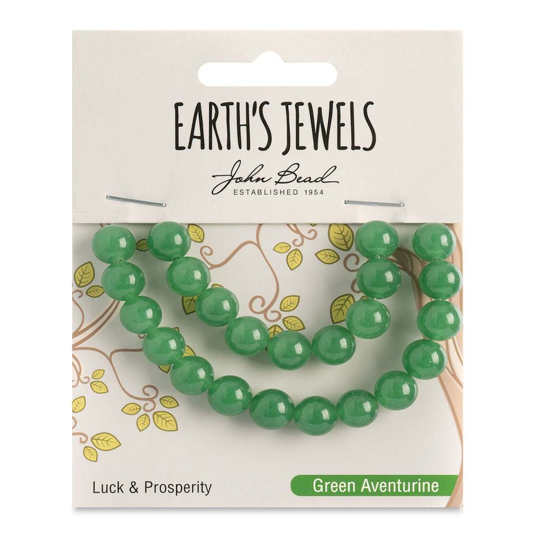 Open in modal - John Bead Earth’s Jewels Aventurine Beads - Round, Pkg of 23, Green, 8 mm Dia. - front of packaging