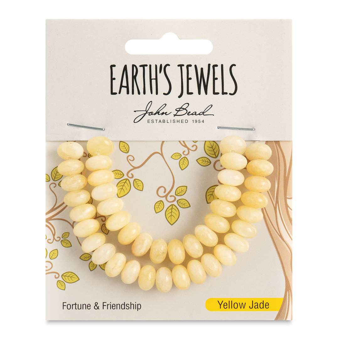 Open in modal - John Bead Earth’s Jewels Jade Beads - Yellow Jade, Donut Rondelle, 5 mm x 8 mm, 41 beads - front of packaging