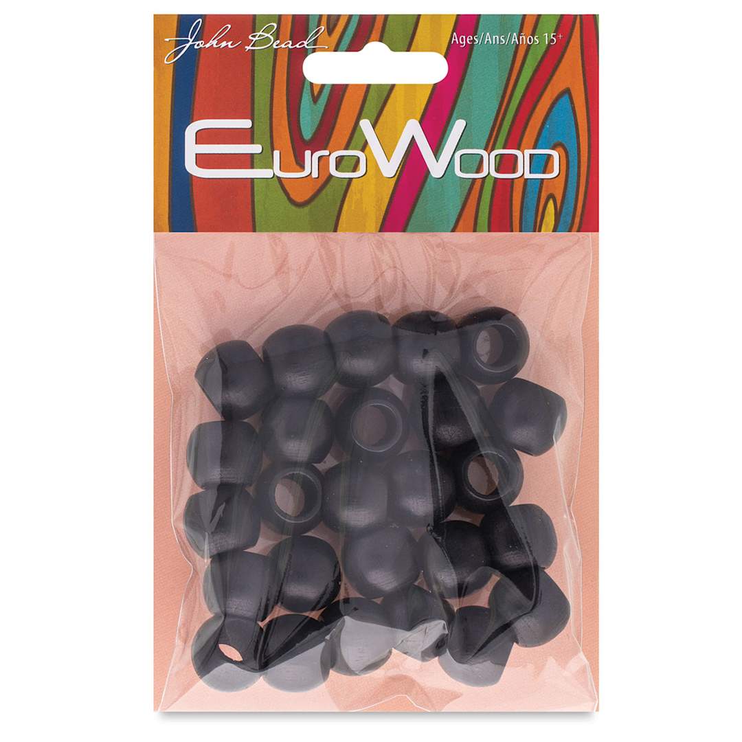Open in modal - John Bead Euro Wood Beads - Black, Round, Large Hole, 14 mm x 11mm, Pkg of 25 - front of packaging