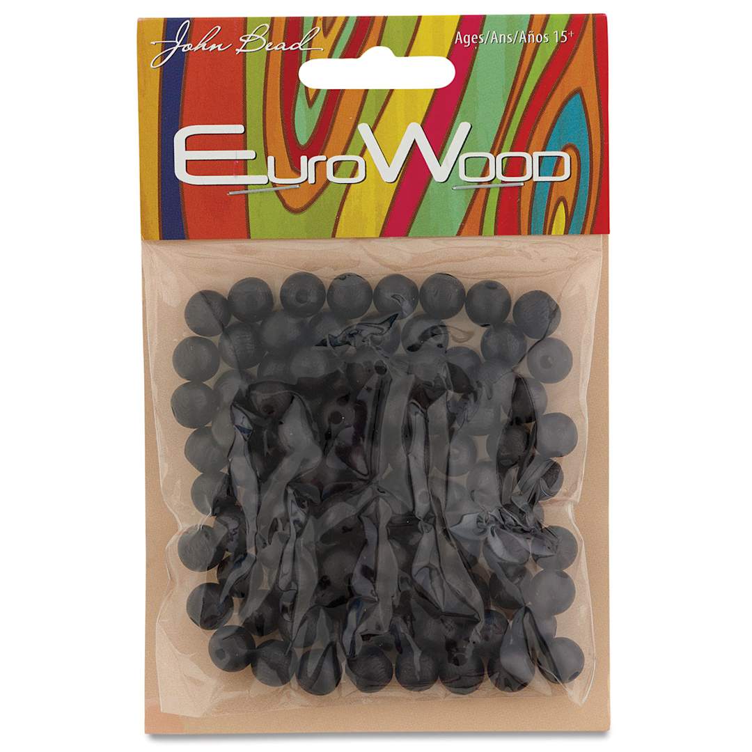 Open in modal - John Bead Euro Wood Beads - Black, Round, 8 mm, Pkg of 100 - front of packaging