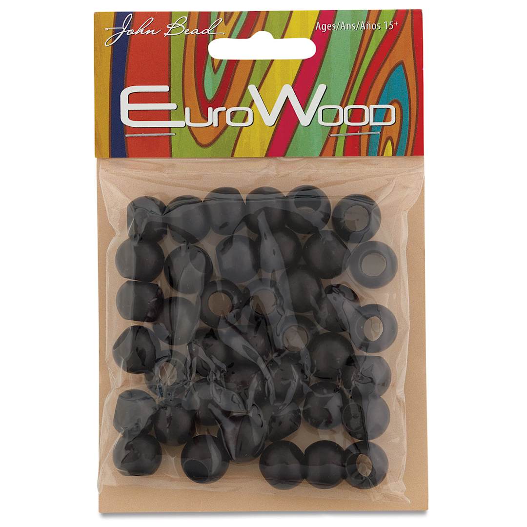Open in modal - John Bead Euro Wood Beads - Black, Round Large Hole, 12 mm x 9.8 mm, Pkg of 40 - front of packaging