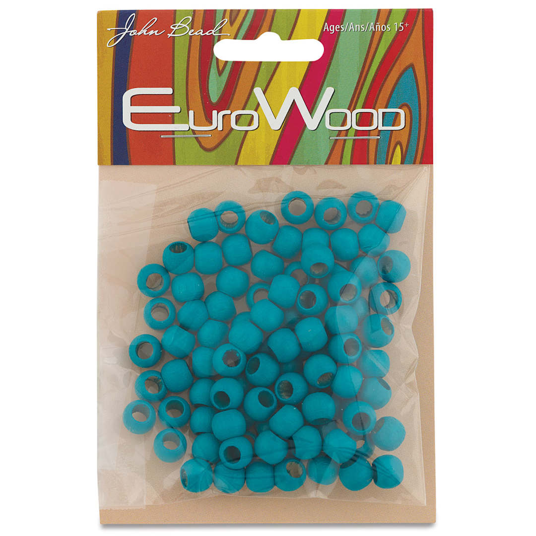 Open in modal - John Bead Euro Wood Beads - Turquoise, Round Large Hole, 8 mm x 6.5 mm, Pkg of 100 - front of packaging