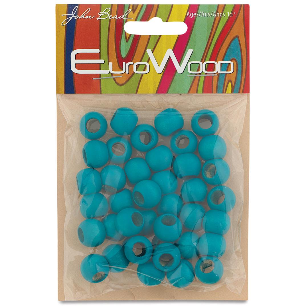 Open in modal - John Bead Euro Wood Beads - Turquoise, Round Large Hole, 12 mm x 9.8 mm, Pkg of 40 - front of packaging