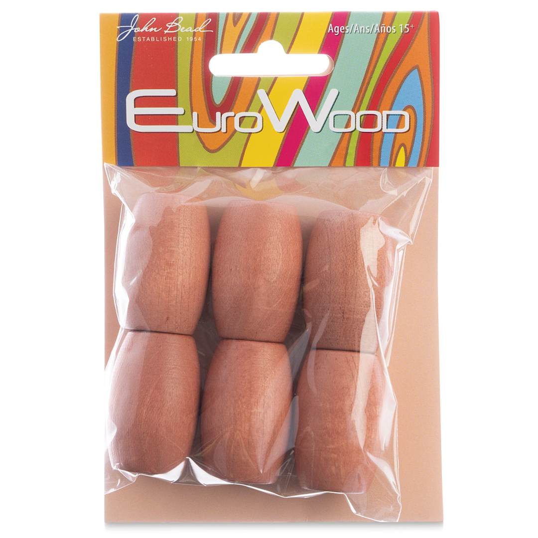 Open in modal - John Bead Euro Wood Beads - Light Brown, Oval, Large Hole, 22 mm x 33 mm, Pkg of 6 - front of packaging