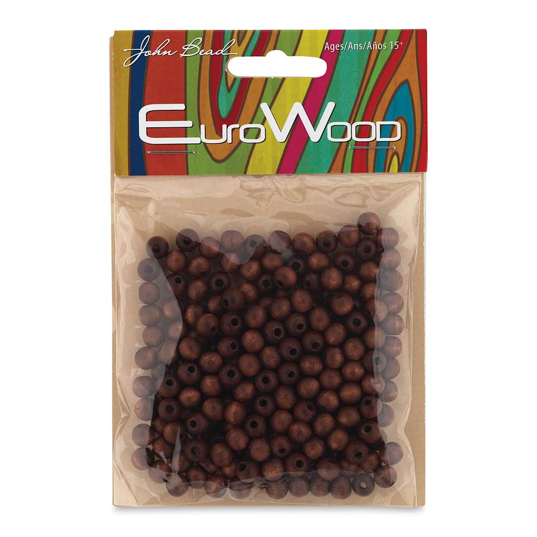 Open in modal - John Bead Euro Wood Beads - Dark Brown, Round, 6 mm, Pkg of 200 - front of packaging