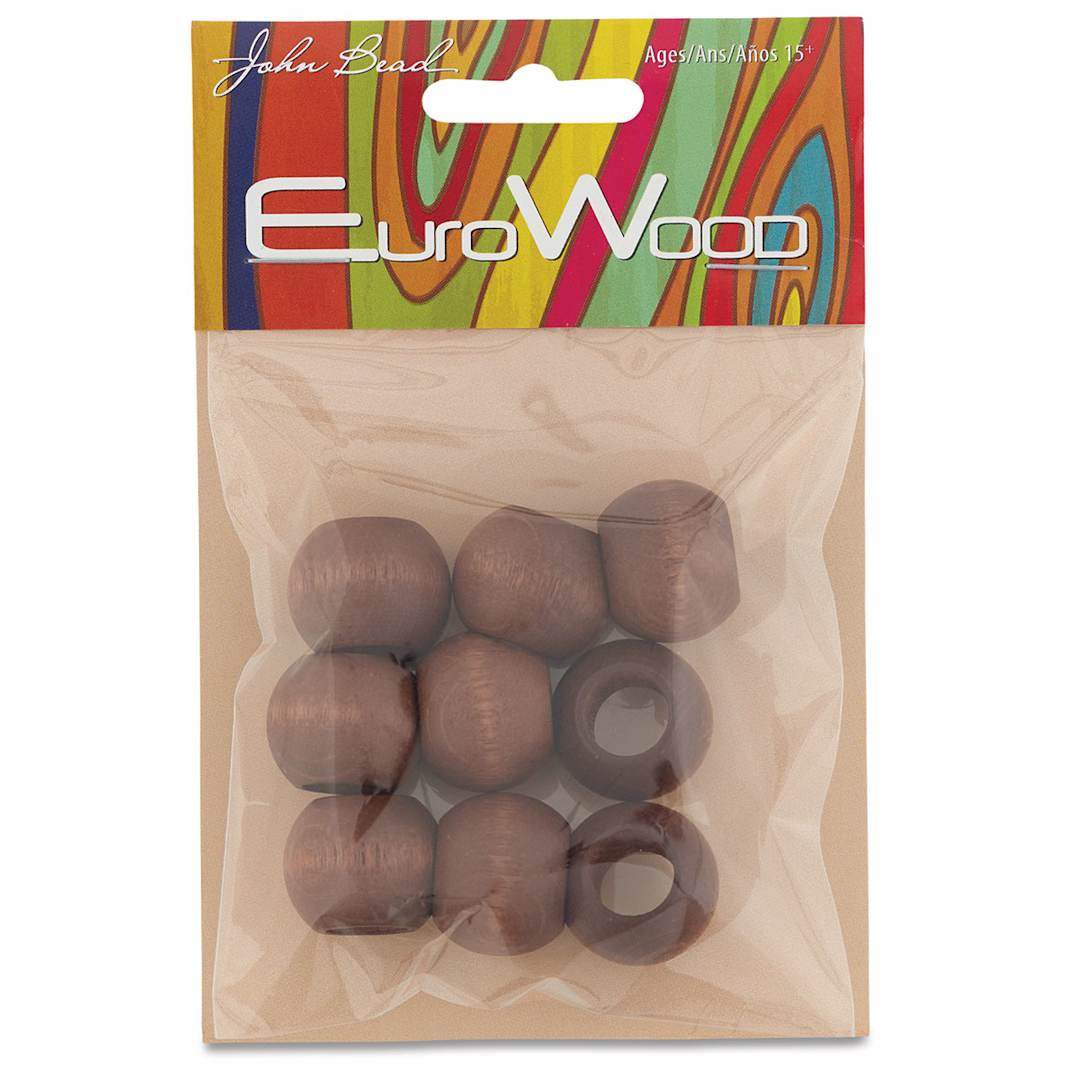 Open in modal - John Bead Euro Wood Beads - Dark Brown, Round Large Hole, 20 mm x 16 mm, Pkg of 9 - front of packaging