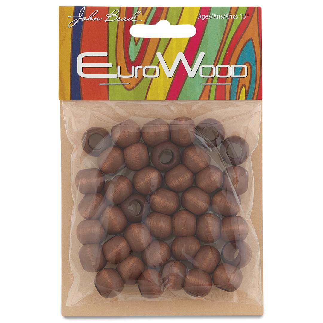 Open in modal - John Bead Euro Wood Beads - Dark Brown, Round Large Hole, 12 mm x 9.8 mm, Pkg of 40 - front of packaging