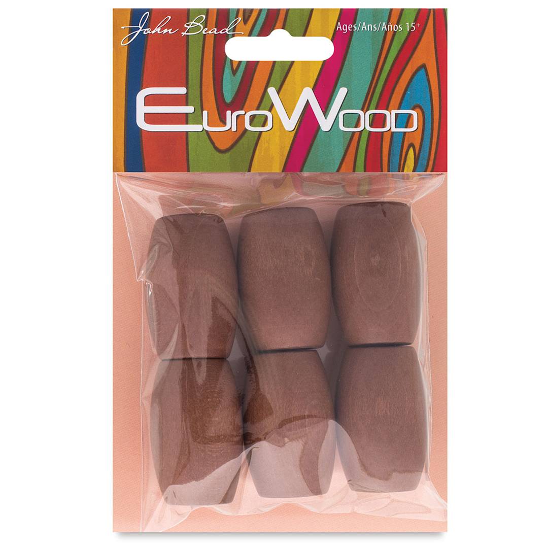 Open in modal - John Bead Euro Wood Beads - Dark Brown, Oval, Large Hole, 22 mm x 33 mm, Pkg of 6