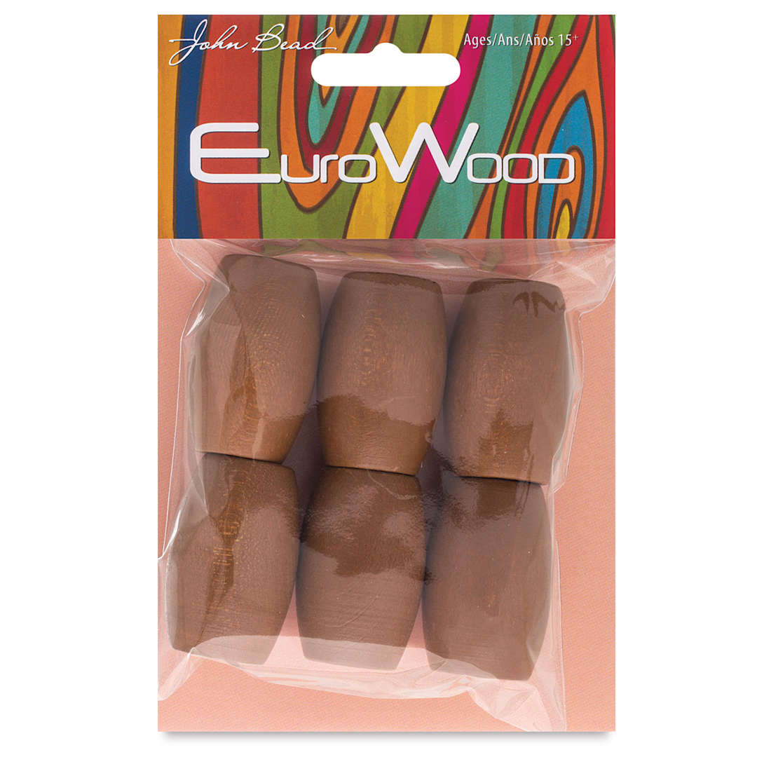 Open in modal - John Bead Euro Wood Beads - Coffee, Oval, Large Hole, 22 mm x 33 mm, Pkg of 6 - front of packaging