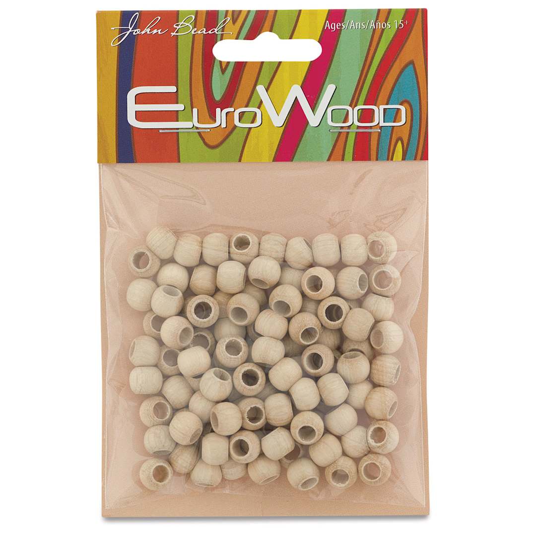 Open in modal - John Bead Euro Wood Beads - Natural, Round Large Hole, 8 mm x 6.5 mm, Pkg of 100 - front of packaging