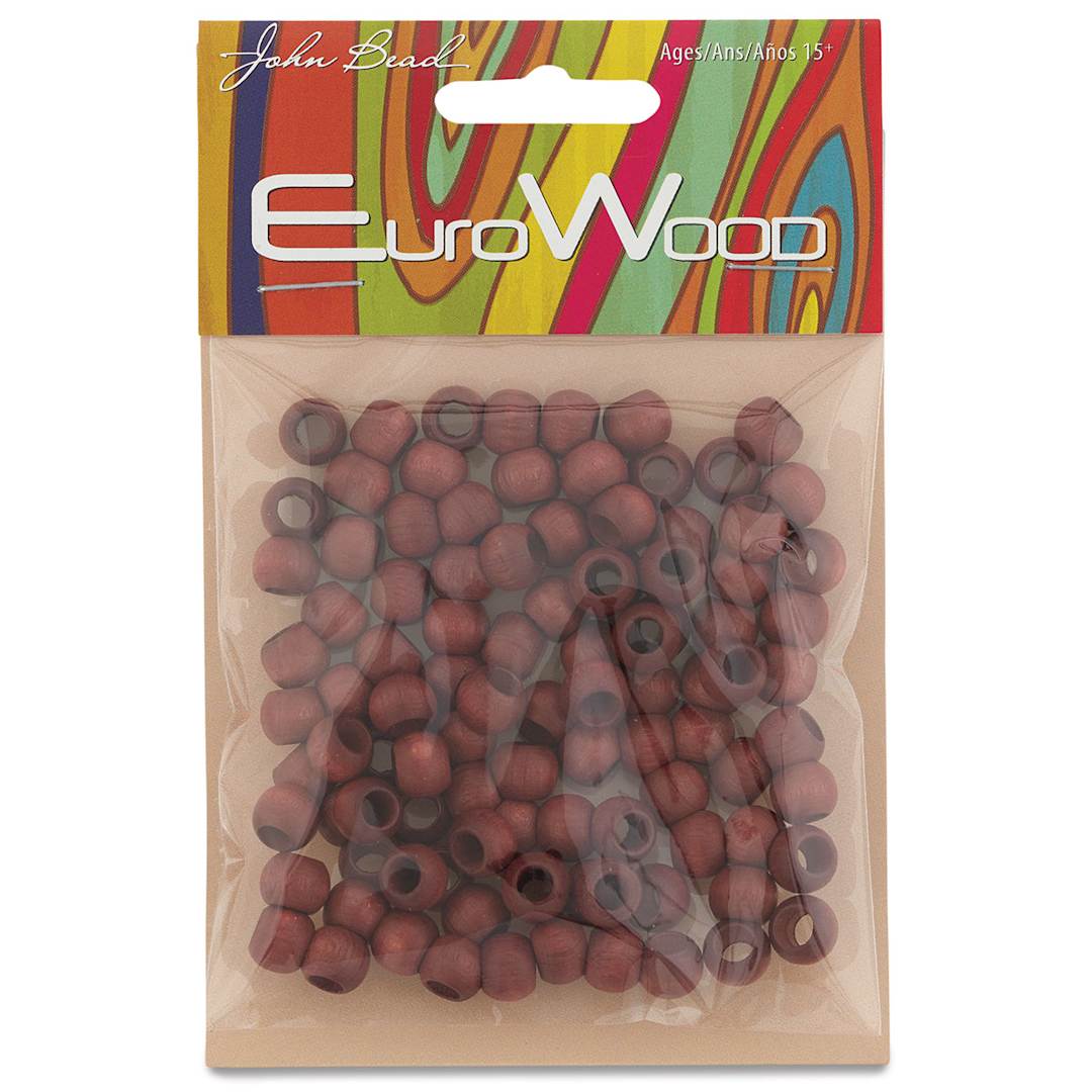 Open in modal - John Bead Euro Wood Beads - Mahogany, Round Large Hole, 8 mm x 6.5 mm, Pkg of 100 - front of packaging