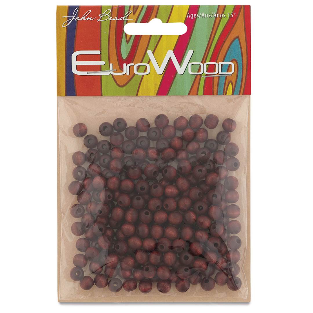 Open in modal - John Bead Euro Wood Beads - Mahogany, Round, 6 mm, Pkg of 200 - front of packaging
