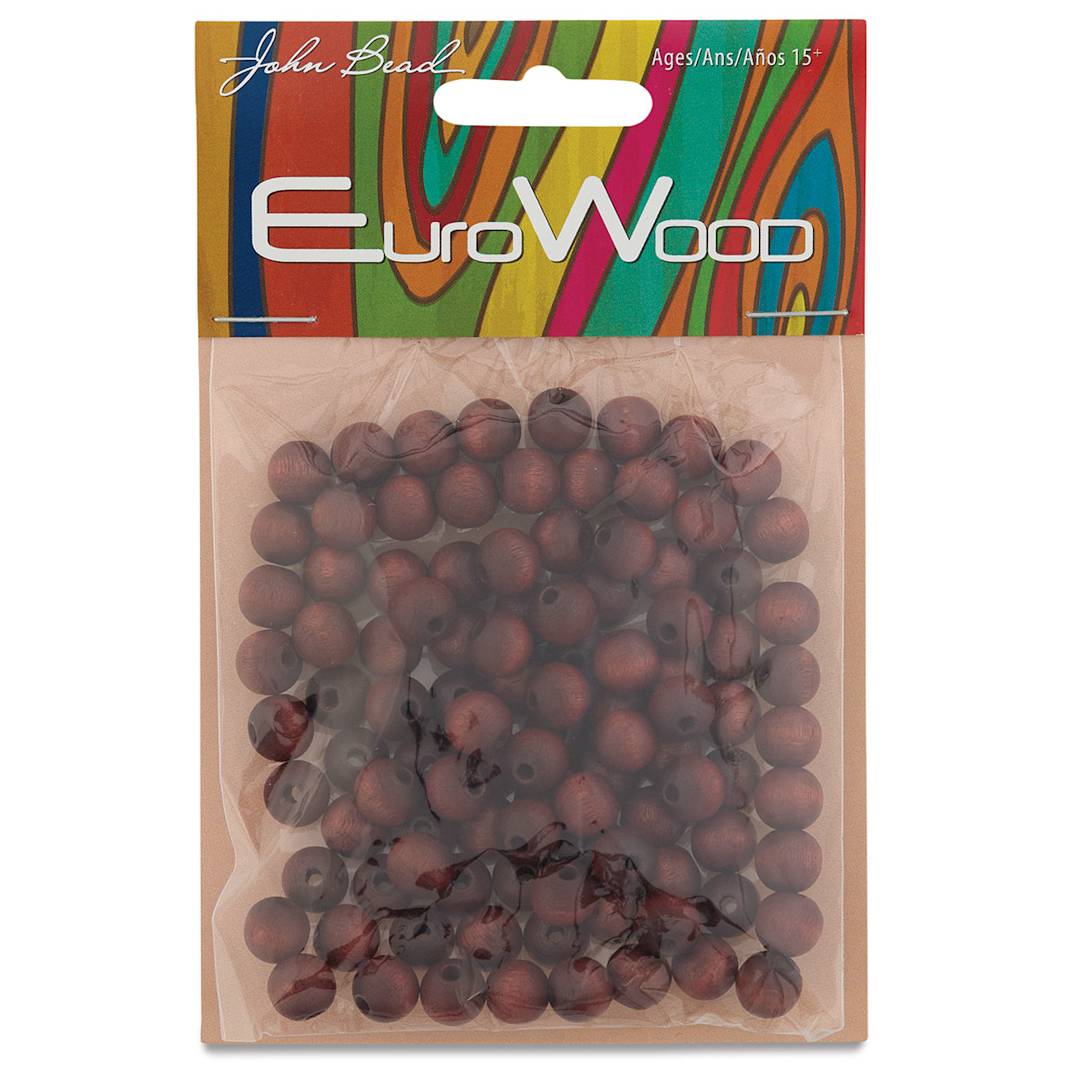Open in modal - John Bead Euro Wood Beads - Mahogany, Round, 8 mm, Pkg of 100 - front of packaging