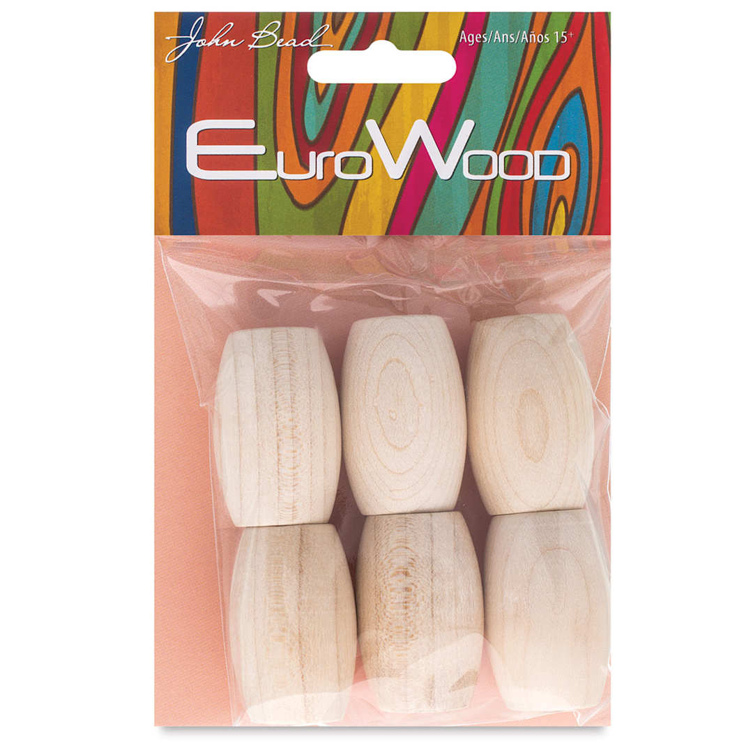 Open in modal - John Bead Euro Wood Beads - Natural, Oval, Large Hole, 22 mm x 33 mm, Pkg of 6 - front of packaging