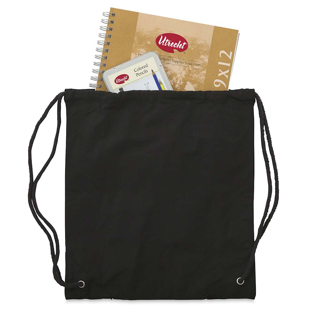 Open in modal - Canvas Drawstring Backpack - Black Backpack with sketchbook and pencil pack (not included)