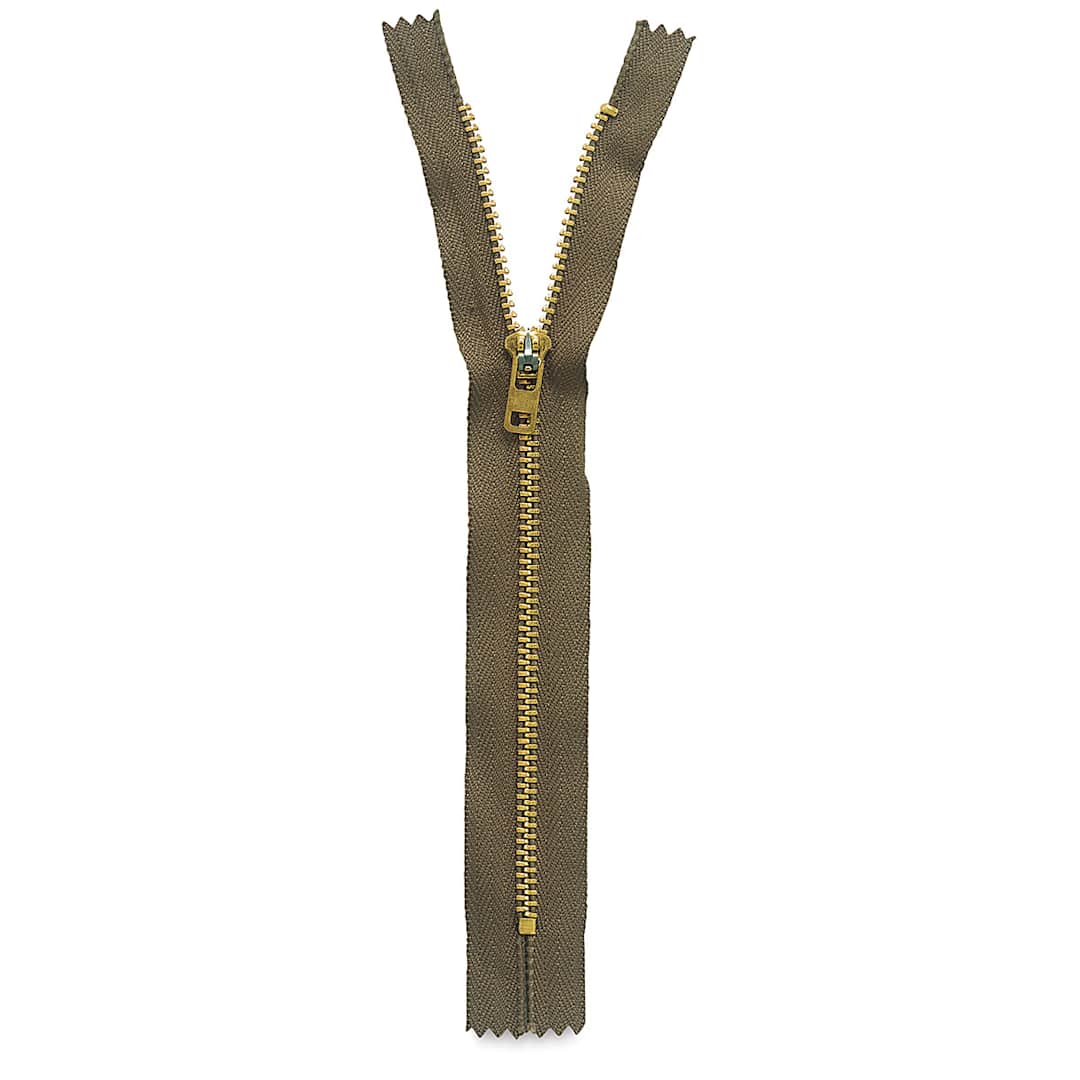 Open in modal - Zippers - Olive Metal Zipper shown upright and slightly open