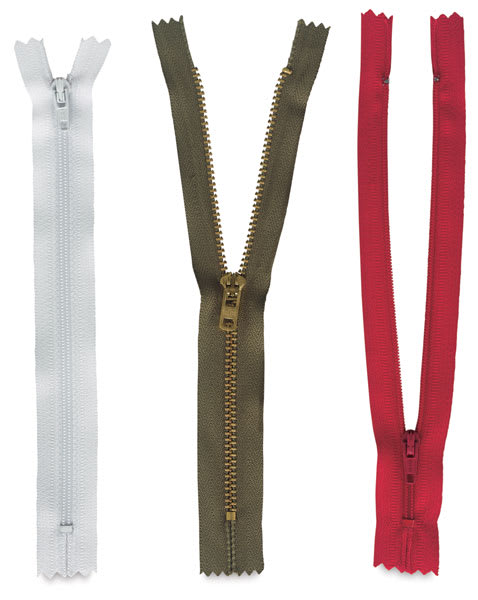 Open in modal - Zippers - White, Green, and Red Zippers shown upright
