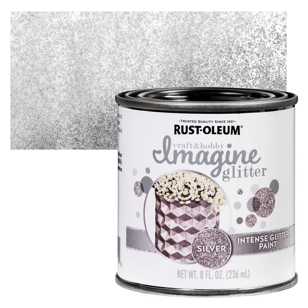 Open in modal - Rust-Oleum Imagine Intense Glitter Paint - Silver, 8 oz can and swatch