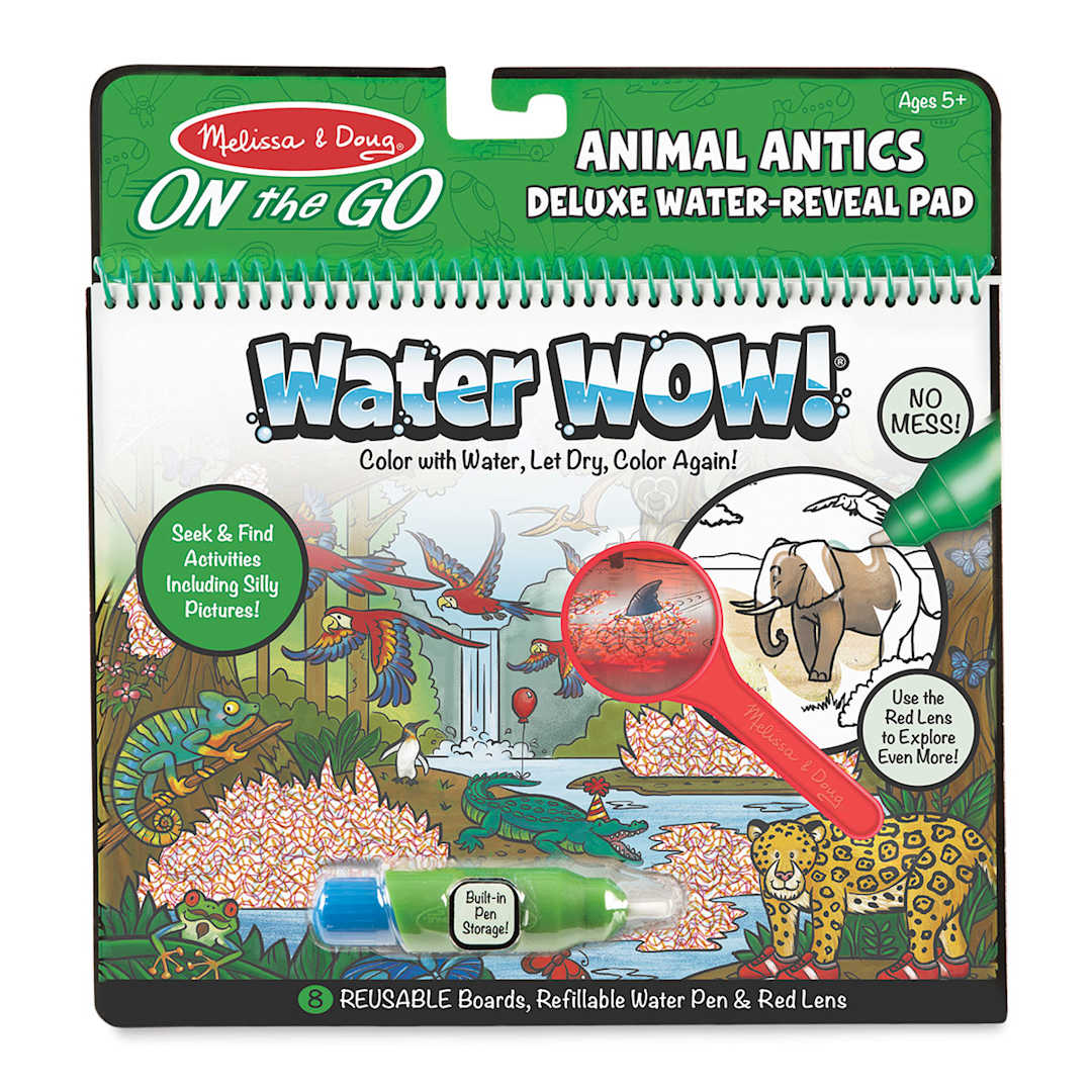 Open in modal - Melissa & Doug Water Wow! Activity Book - Front view of Animal Antics package showing pen in storage slot