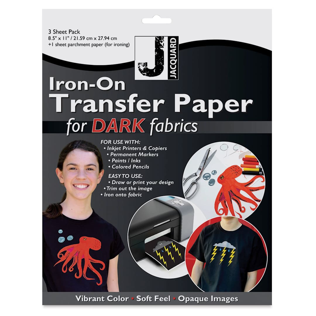 Open in modal - Jacquard Iron-On Transfer Paper - Front of package of 3 sheets for Dark Color fabric