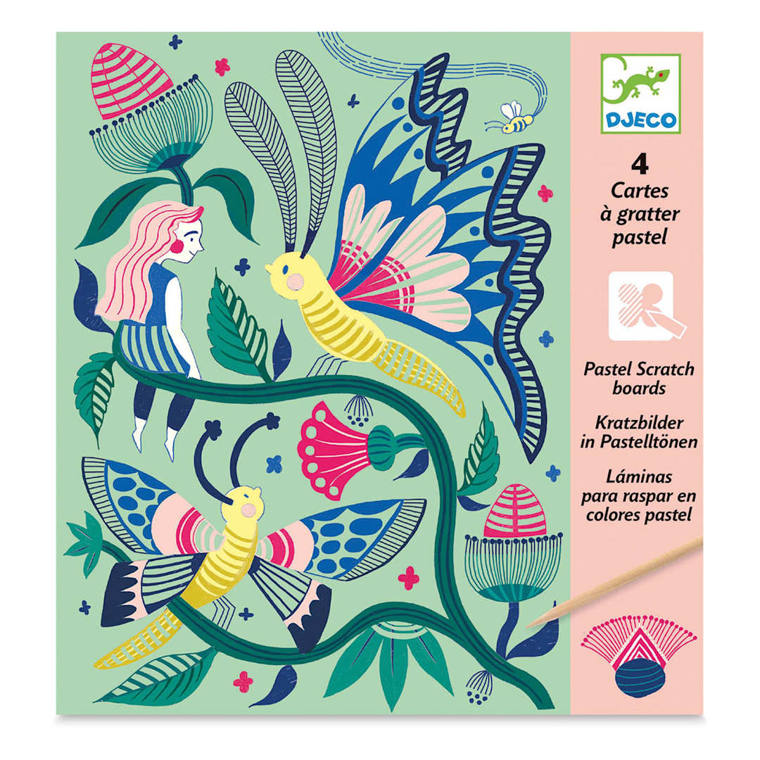 Open in modal - Djeco Pastel Scratch Boards Set - Fantasy Garden (In packaging)