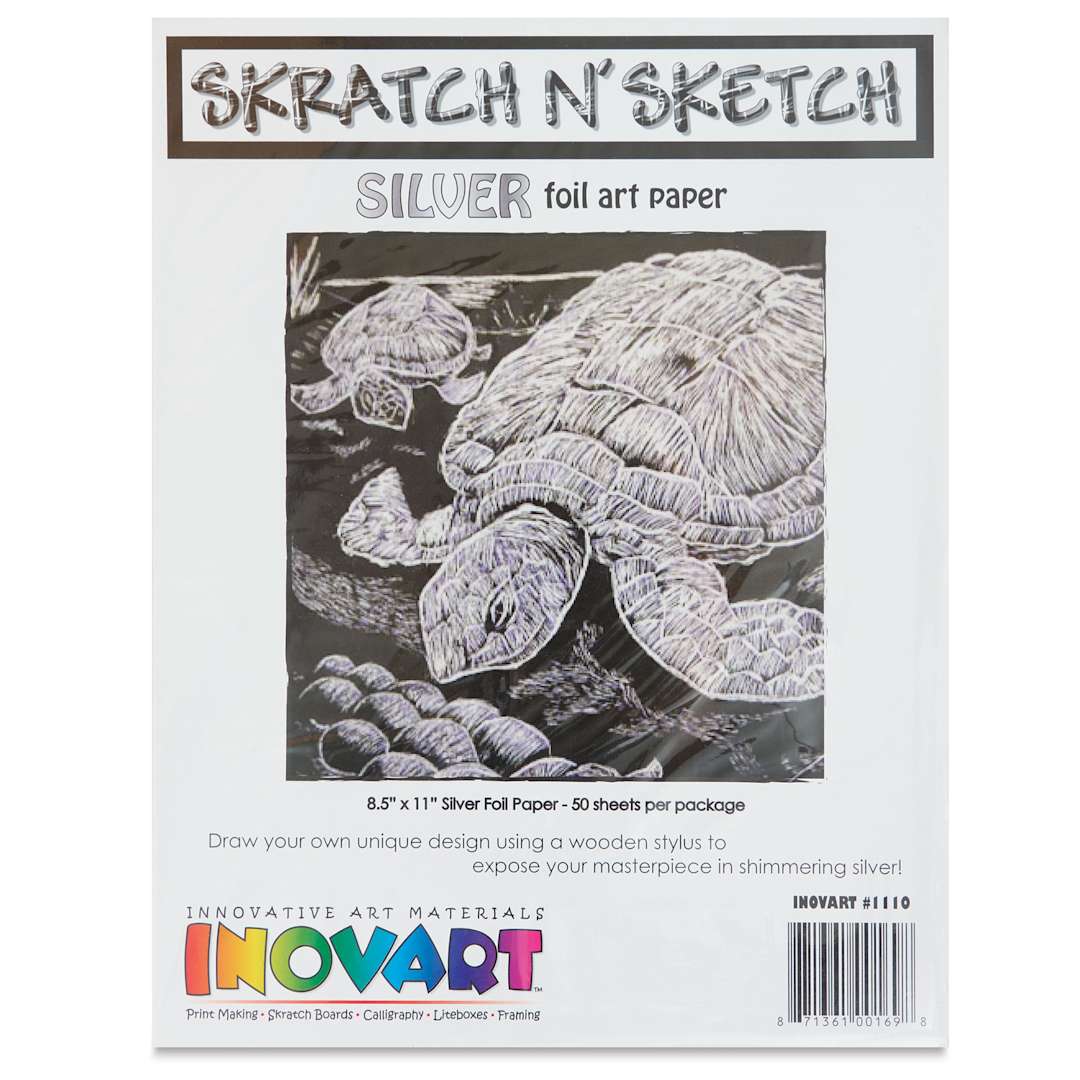 Open in modal - Inovart Skratch N' Sketch Scratch Foil Paper - Silver, Pkg of 50, front of the packaging
