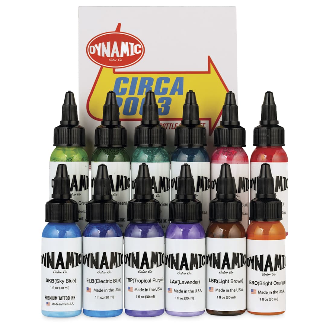 Open in modal - Dynamic Color Tattoo Ink - Set of 12, Circa 2003 Set, 1 oz bottles, contents and packaging