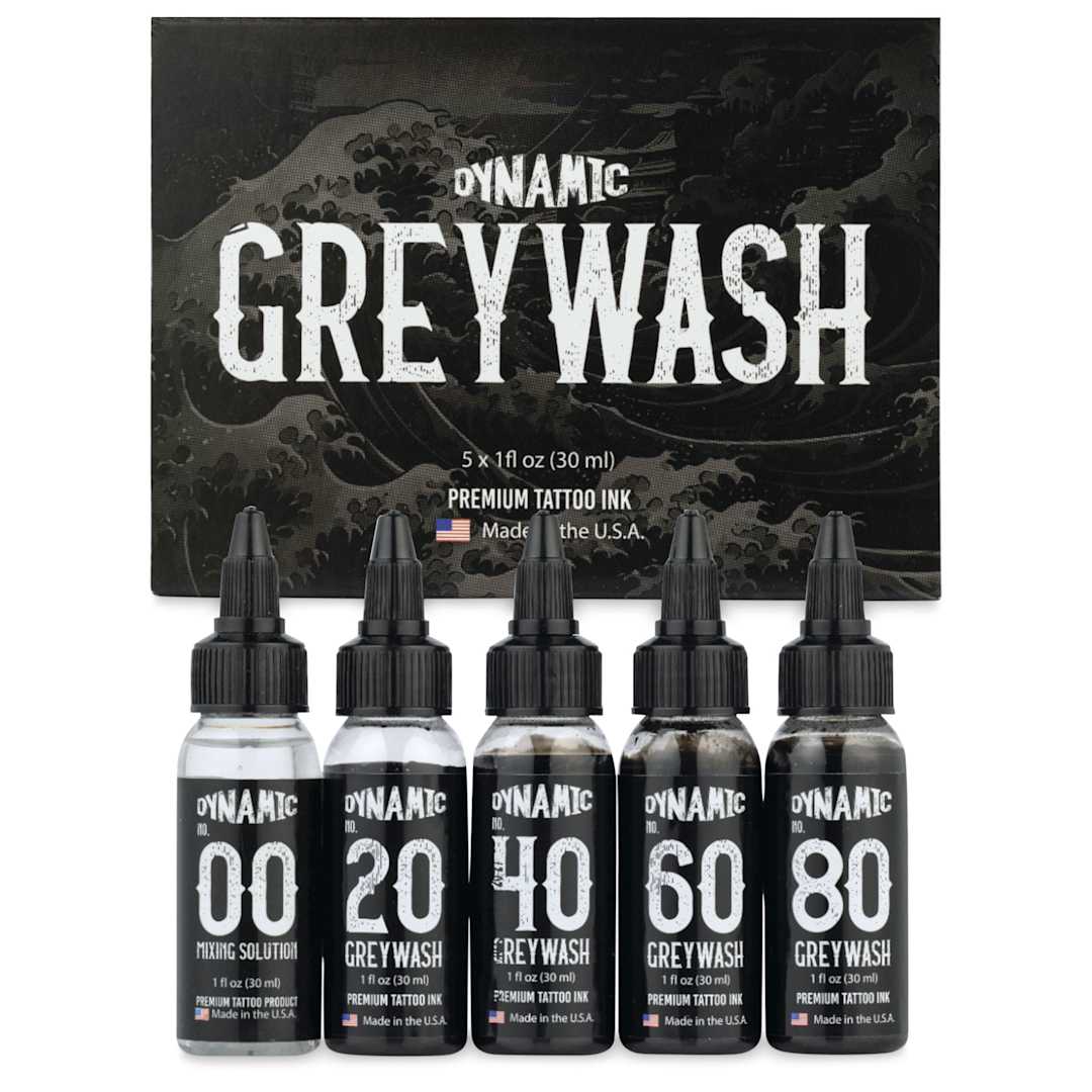 Open in modal - Dynamic Color Tattoo Ink - Set of 5, Greywash Set, 1 oz bottles, contents and packaging