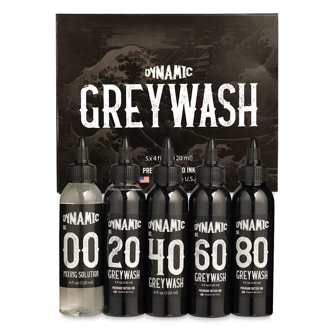 Open in modal - Dynamic Color Tattoo Inks and Sets - Set of 5, Greywash, 4 oz, contents and packaging